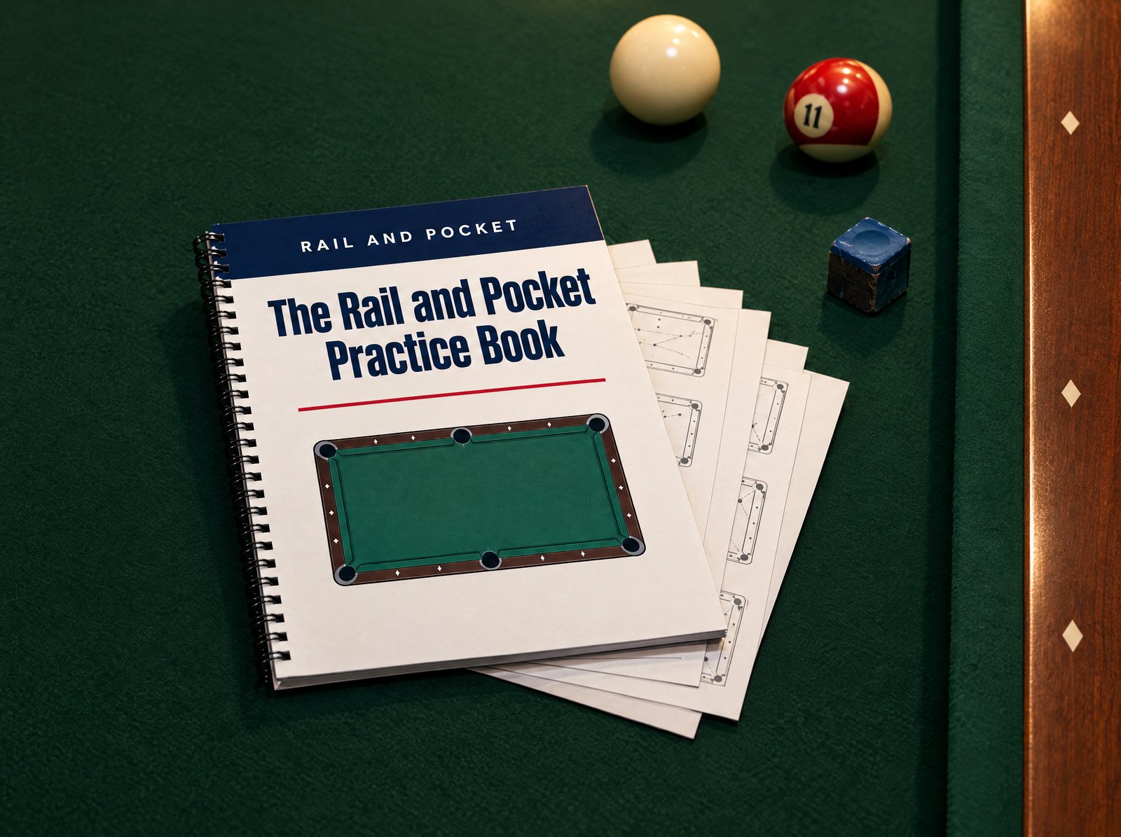 The practice book open on the rail with a drill set up on the felt
