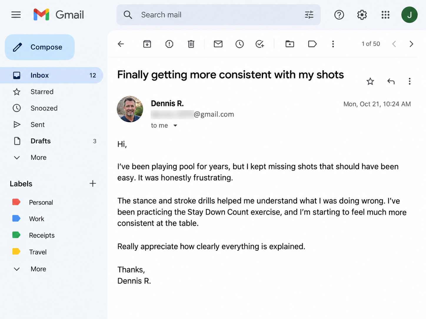 Email from a reader: getting more consistent with his shots